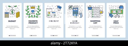 Web site onboarding screens. Shopping, sales and wireless credit card payment. Menu vector banner template for website and mobile app development. Mod Stock Vector