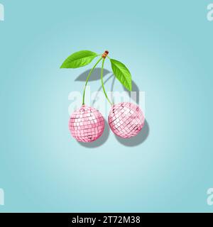 Modern composition made of decorative disco balls like cherries on a pastel blue background. Creative minimal art concept. Stock Photo