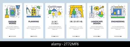Web site onboarding screens. House construction plan, building decoration and repair. Menu vector banner template for website and mobile app developme Stock Vector