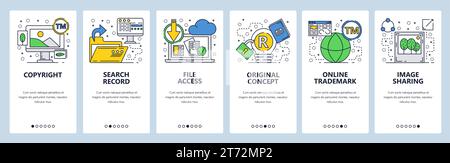 Web site onboarding screens. Files access and download, open folder, original trademark. Menu vector banner template for website and mobile app develo Stock Vector