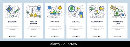 Web site onboarding screens. Garden tools icons. Plant, shovel, seedling. Menu vector banner template for website and mobile app development. Modern d Stock Vector