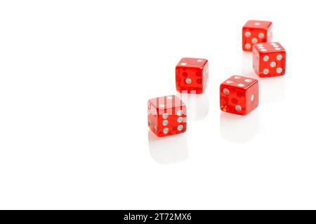 five red dices on white background Stock Photo