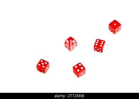 top view of five red dices on white background Stock Photo