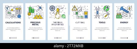 Web site onboarding screens. Hardware tools, precious metal, energy industry. Menu vector banner template for website and mobile app development. Mode Stock Vector