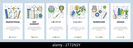 Web site onboarding screens. 3d modeling, prototyping, growth and design workflow. Menu vector banner template for website and mobile app development. Stock Vector