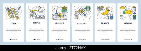 Web site onboarding screens. World countries cuisine, italy, germany, china. Travel concept. Menu vector banner template for website and mobile app de Stock Vector