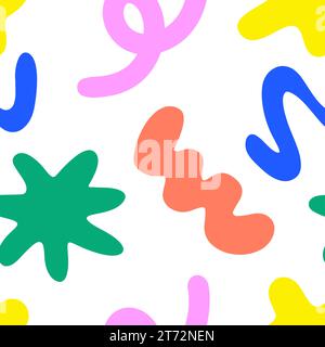 90 Cool Brutalism Seamless pattern. Naive playful color shapes in trendy brutalist style. Brutal contemporary figure. Swiss design Geometric background for poster, T-shirt. Vector illustration.  Stock Vector