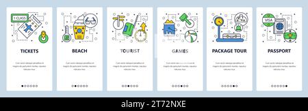 Web site onboarding screens. Travel and beach vacation, passport, visa, tickets. Menu vector banner template for website and mobile app development. M Stock Vector