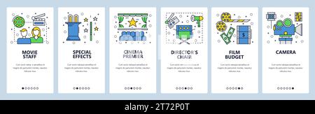 Web site onboarding screens. Cinema and movie industry icons. Menu vector banner template for website and mobile app development. Modern design linear Stock Vector