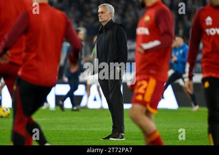 Jose Mourinho coach of AS Roma attends the warm up of the Serie A football match between SS Lazio and AS Roma at Olimpico stadium in Rome (Italy), November 12, 2023. Stock Photo