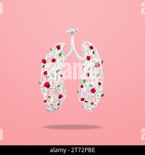 Medical concept made of white wooden branches in shape of human lungs with flowers on pink background. Inflammation of the lungs, viral epidemic. Stock Photo