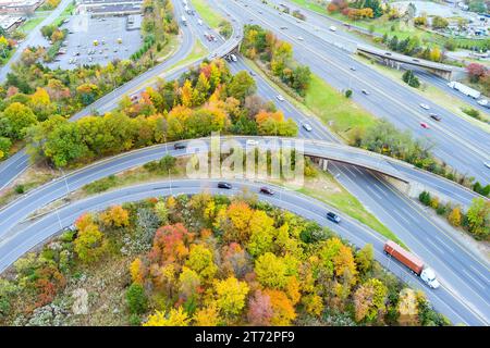 This is view from an of American freeway I-95 NJ Turnpike with heavy traffic moving quickly Stock Photo