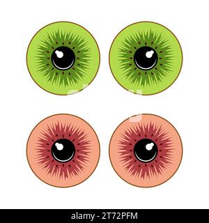 Color illustration of eye made from slices of green and red kiwi. Isolated vector objects on white background. Stock Vector
