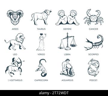 Collection of zodiac signs, hand drawn with ink brush. Vector graphics ...