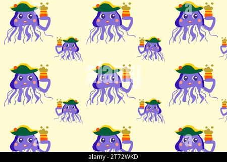 cute fish jellyfish in pirate hat - pattern Stock Vector