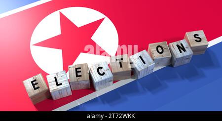 North Korea - elections concept - wooden blocks and country flag - 3D illustration Stock Photo