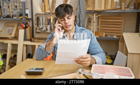 Handsome young hispanic man, a skilled carpenter, engrossed in reading a document while talking on his smartphone at his carpentry workshop Stock Photo