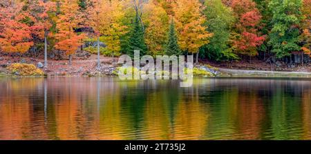 Fall colors reflected in a smooth lake Stock Photo