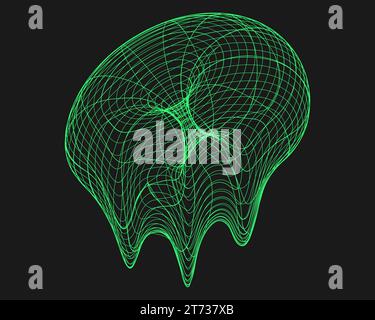 Cyber distorted shape, retro punk design element. Wireframe wave geometry shape on black background. Vector illustration. Stock Vector