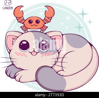 Cancer cute cartoon zodiac cat color Stock Vector