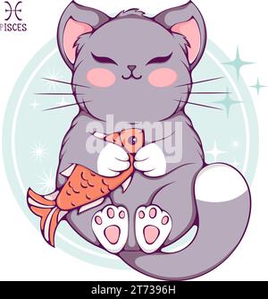 Pisces cute cartoon zodiac cat color Stock Vector