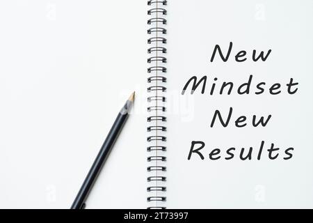 Motivational and inspirational quote on notepad - New mindset new results Stock Photo
