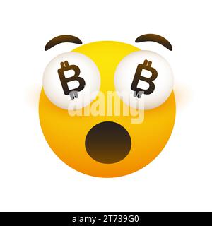 I've Become Rich - Funny Smiling Emoji with Open Mouth and Bitcoin Signs in Pop Out Eyes - Simple Happy Emoticon on Transparent Background Stock Vector