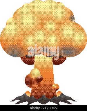 Pixel art nuclear explosion. Mushroom cloud from atomic bomb blast. Vector illustration in retro 8bit style Stock Vector