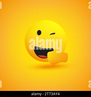 Smiling and Winking Emoji Showing Thumbs Up - Simple Shiny Happy Emoticon on Yellow Background - Vector Design Stock Vector