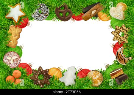 Frame and various Christmas sweets and cookies with fir branches and balls isolated against white background Stock Photo