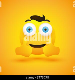 Smiling Happy Young Male Emoji with Hair, Pop Out Wide Open Big Blue Eyes Showing Double Thumbs Up - Simple Happy Emoticon on Yellow Background - Vect Stock Vector