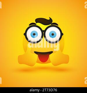 Smiling Happy Young Male Emoji with Hair, Pop Out Wide Open Big Blue Eyes and Glasses Showing Double Thumbs Up - Simple Happy Emoticon on Yellow Backg Stock Vector