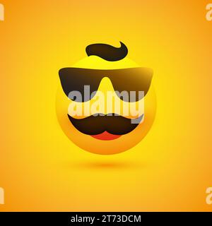 Smiling, Cheering Male Emoji with Mustache Wearing Sunglasses on Yellow Background - Vector Design Stock Vector