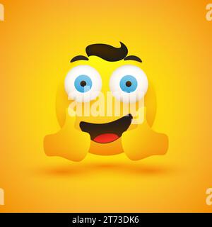 Smiling Happy Young Male Emoji with Hair, Pop Out Wide Open Blue Eyes Showing Double Thumbs Up - Simple Happy Emoticon on Yellow Background - Vector D Stock Vector