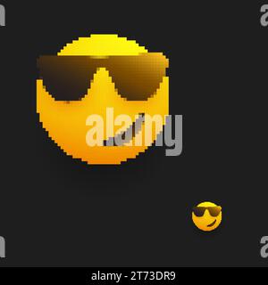 Smiling Emoji with Sunglasses on Yellow Background - Pixelated Vector Flat Design - Pixel Art Stock Vector