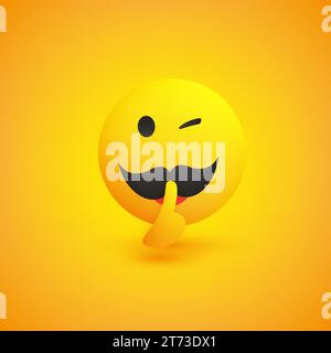 Be Quiet! - Winking, Shushing Male Face with Mustache Gesturing - Showing Make Silence Sign - Simple Emoticon for Instant Messaging on Yellow Backgrou Stock Vector