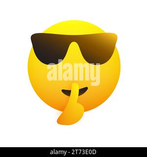 Keep Quiet! - Shushing Emoji with Sunglasses Gesturing - Asking for Be Quiet,Showing Make Silence Sign - Simple Emoticon for Instant Messaging Isolate Stock Vector