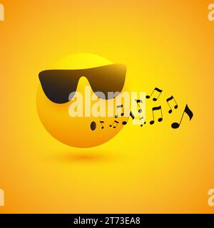 Singing or Whistling Emoji - Emoticon Face Wearing Sunglasses on Yellow Background - Vector Design Concept Stock Vector