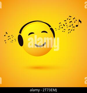 Smiling Emoji with Closed Eyes Enjoying, Listening to Music - Emoticon Face With Headphones On - Yellow Background, Vector Design Concept Stock Vector