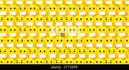 Pattern Background of Various Yellow Dense Crowd of Unhappy Fearful Looking Emoticons Wearing Face Masks with a Surprised One in the Center Without a Stock Vector