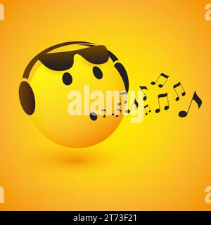 Singing or Whistling Happy Emoticon, Face With Sunglasses and Headphones on Yellow Background - Vector Design for Web and Instant Messaging Stock Vector