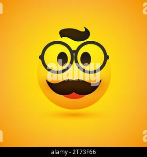 Smiling Emoji - Simple Happy Male Emoticon with Glasses, Hair and Mustache on Yellow Background - Vector Design for Web and Apps Stock Vector