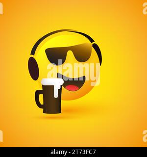 Smiling Emoticon Listening to Music - Face Wearing Sunglasses, Headphones and Frothy Beer in a Mug on Yellow Background - Vector Design Concept for We Stock Vector