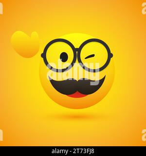 Smiling Emoji - Simple Happy Male Emoticon with Glasses, Waving Hand, Winking Eye and Mustache on Yellow Background - Vector Design for Web and Instan Stock Vector