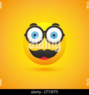 Smiling Emoji - Simple Happy Male Emoticon with Glasses and Mustache on Yellow Background - Vector Design for Web and Instant Messaging Apps Stock Vector