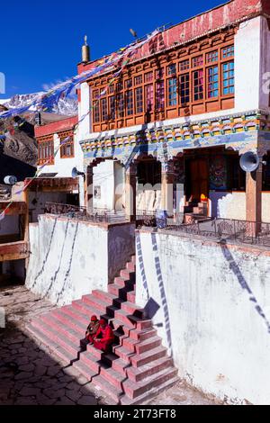 Two monks sitting on the stairs to Korzok monastery, Korzok, Ladakh, India Stock Photo