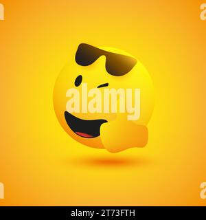 Smiling and Winking Emoji Showing Thumbs Up Wearing Sunglasses on Head - Simple Shiny Happy Emoticon on Yellow Background - Vector Design for Web or I Stock Vector