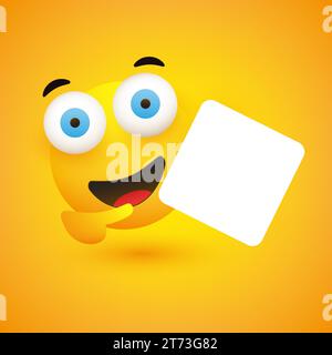 Smiling Emoji with Big Open Eyes Holding and Pointing To a Big Blank White Square Shaped Card Board Inscription - Template Emoticon with Copyspace, Pl Stock Vector