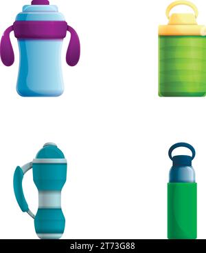 Water bottle icons set cartoon vector. Various vacuum insulated water bottle. Container for beverage Stock Vector