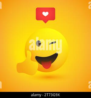 Smiling and Winking Cheerful Emoji with Tongue Out, Showing Thumbs Up - Simple Shiny Happy Emoticon with Red Speech Bubble on Yellow Background - Vect Stock Vector